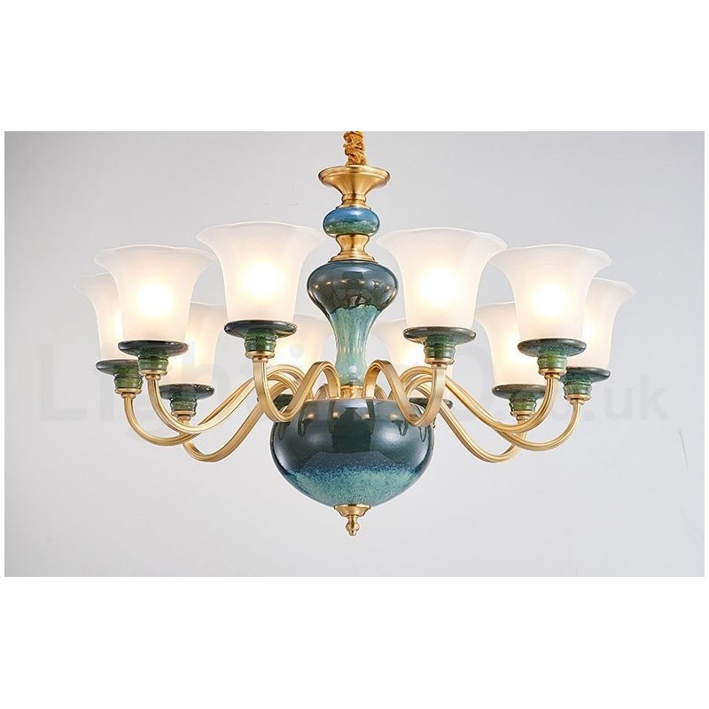 Retro Vintage Brass Ceramics Pendant Candle Chandelier with Glass Shades