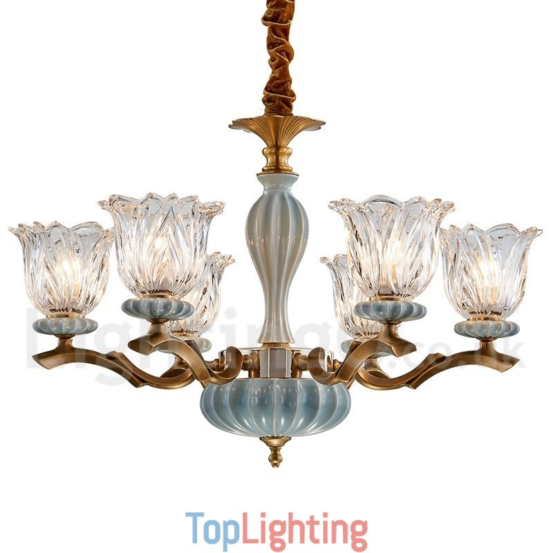 Retro Vintage Brass Ceramics Pendant Candle Chandelier with Glass Shades