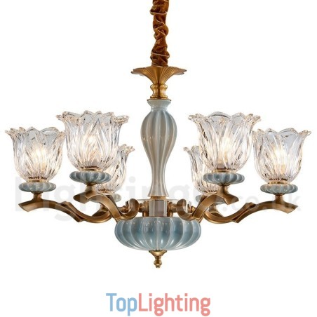 Retro Vintage Brass Ceramics Pendant Candle Chandelier with Glass Shades Retro Vintage Brass Ceramics Pendant Candle Chandelier with Glass Shades