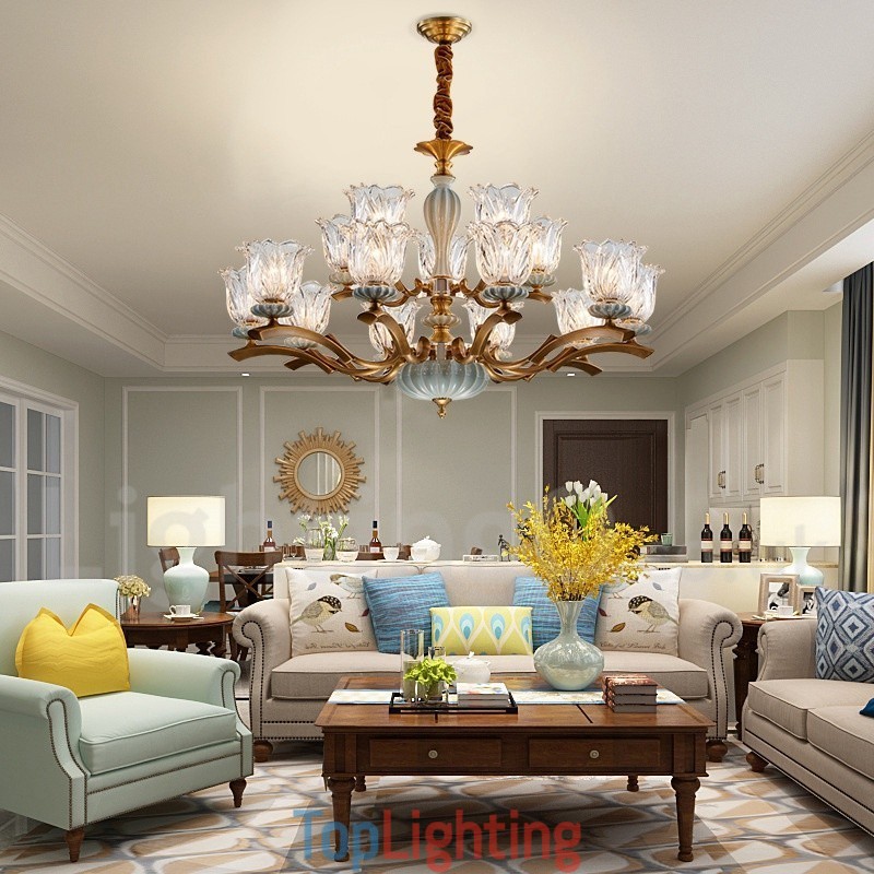 Retro Vintage Brass Ceramics Pendant Candle Chandelier with Glass Shades