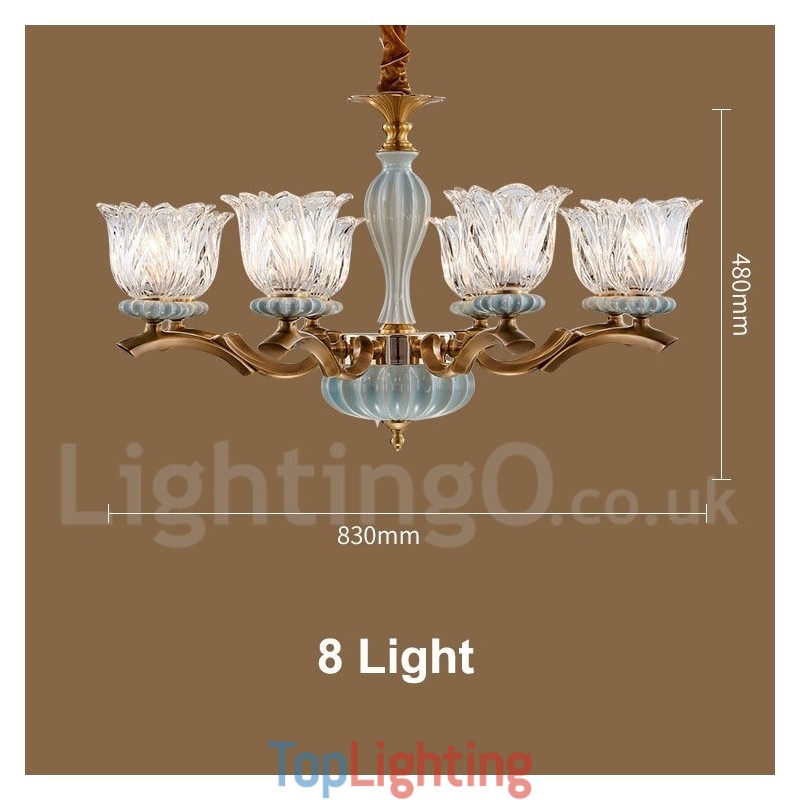 Retro Vintage Brass Ceramics Pendant Candle Chandelier with Glass Shades