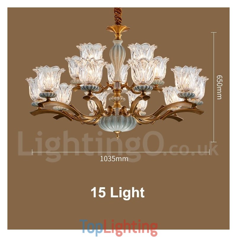Retro Vintage Brass Ceramics Pendant Candle Chandelier with Glass Shades