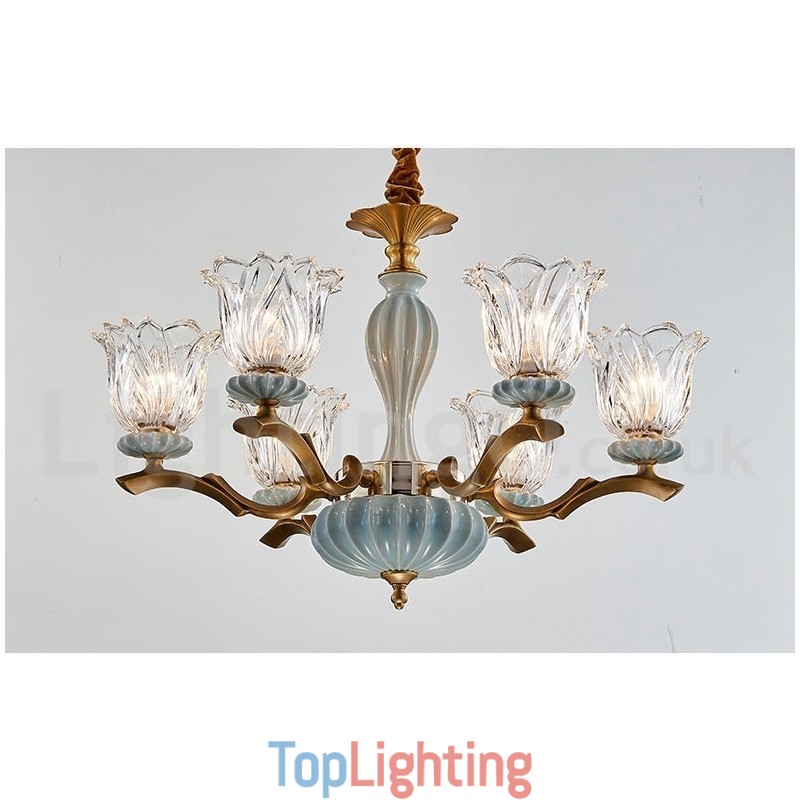 Retro Vintage Brass Ceramics Pendant Candle Chandelier with Glass Shades