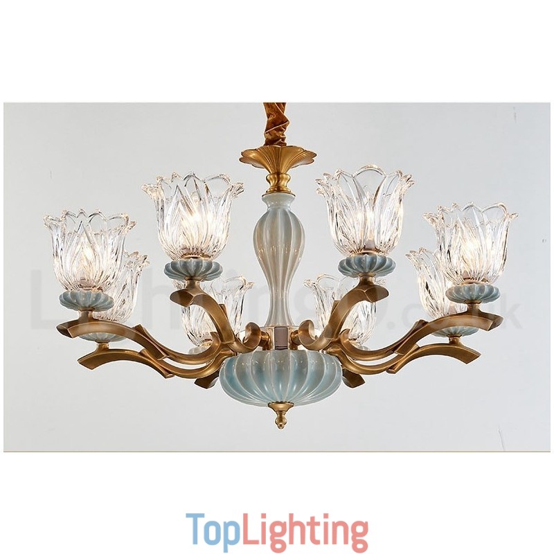 Retro Vintage Brass Ceramics Pendant Candle Chandelier with Glass Shades
