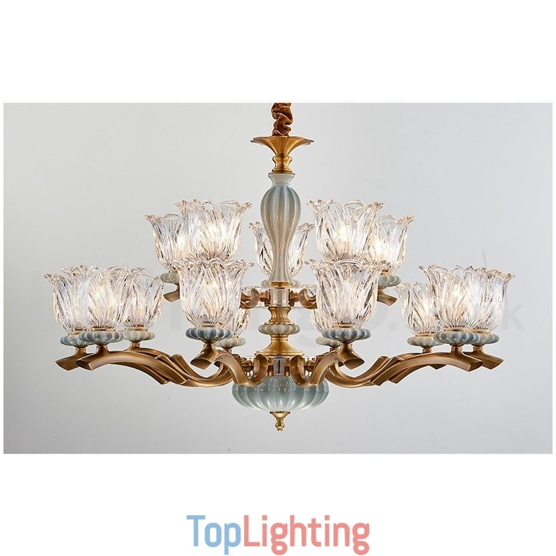 Retro Vintage Brass Ceramics Pendant Candle Chandelier with Glass Shades