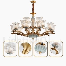 Retro Vintage Brass Ceramics Pendant Candle Chandelier with Glass Shades