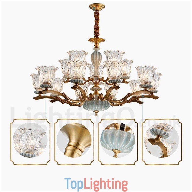 Retro Vintage Brass Ceramics Pendant Candle Chandelier with Glass Shades