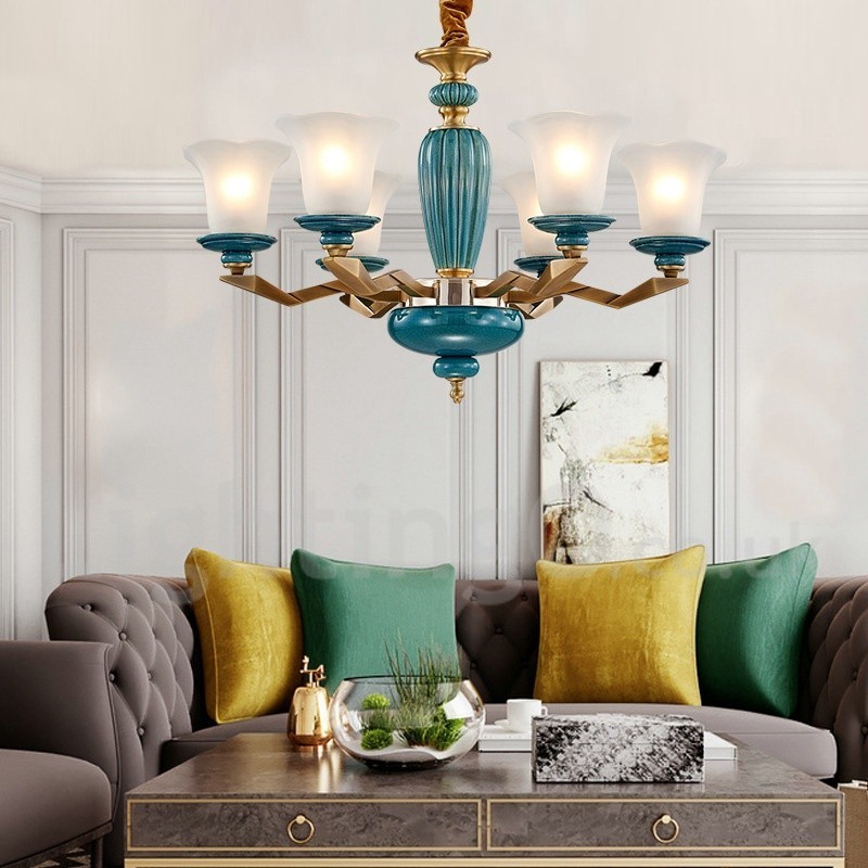Retro Vintage Brass Ceramics Pendant Candle Chandelier with Glass Shades