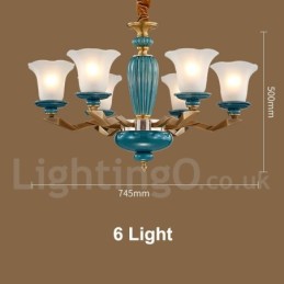 Retro Vintage Brass Ceramics Pendant Candle Chandelier with Glass Shades