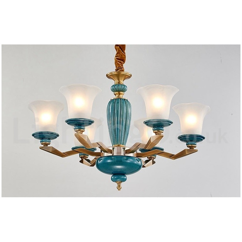 Retro Vintage Brass Ceramics Pendant Candle Chandelier with Glass Shades