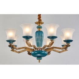 Retro Vintage Brass Ceramics Pendant Candle Chandelier with Glass Shades