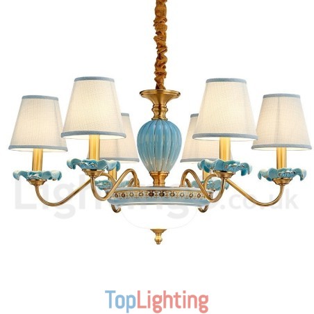 Retro Vintage Brass Ceramics Pendant Candle Chandelier with Blue Fabric Shades Retro Vintage Brass Ceramics Pendant Candle Chandelier with Blue Fabric Shades