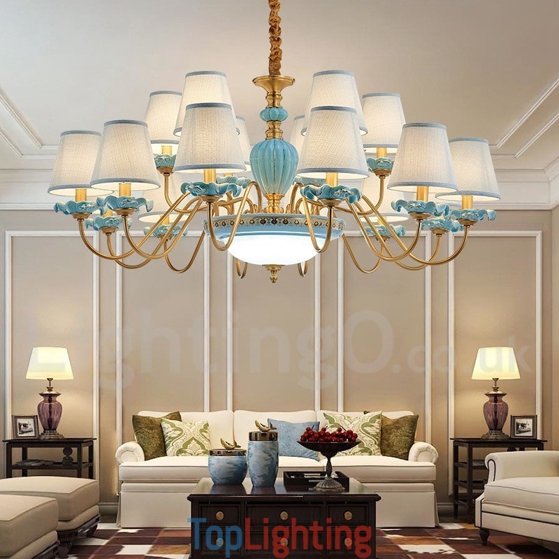 Retro Vintage Brass Ceramics Pendant Candle Chandelier with Blue Fabric Shades