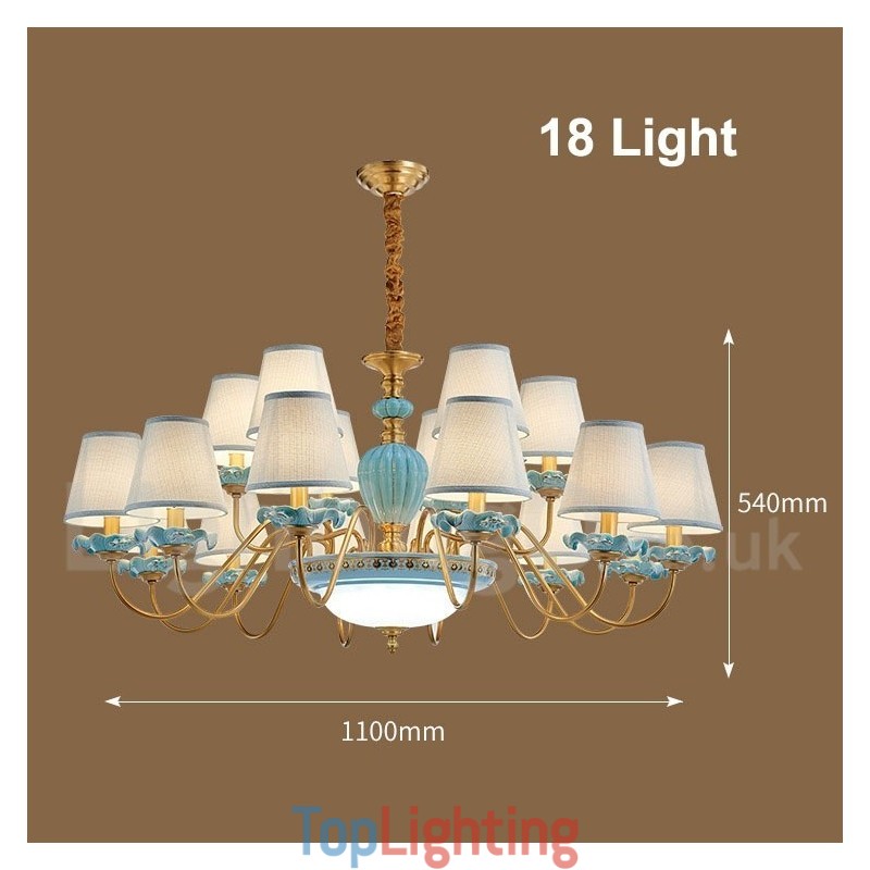 Retro Vintage Brass Ceramics Pendant Candle Chandelier with Blue Fabric Shades