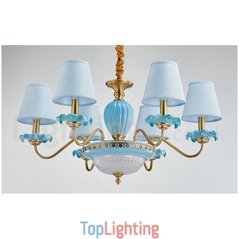 Retro Vintage Brass Ceramics Pendant Candle Chandelier with Blue Fabric Shades