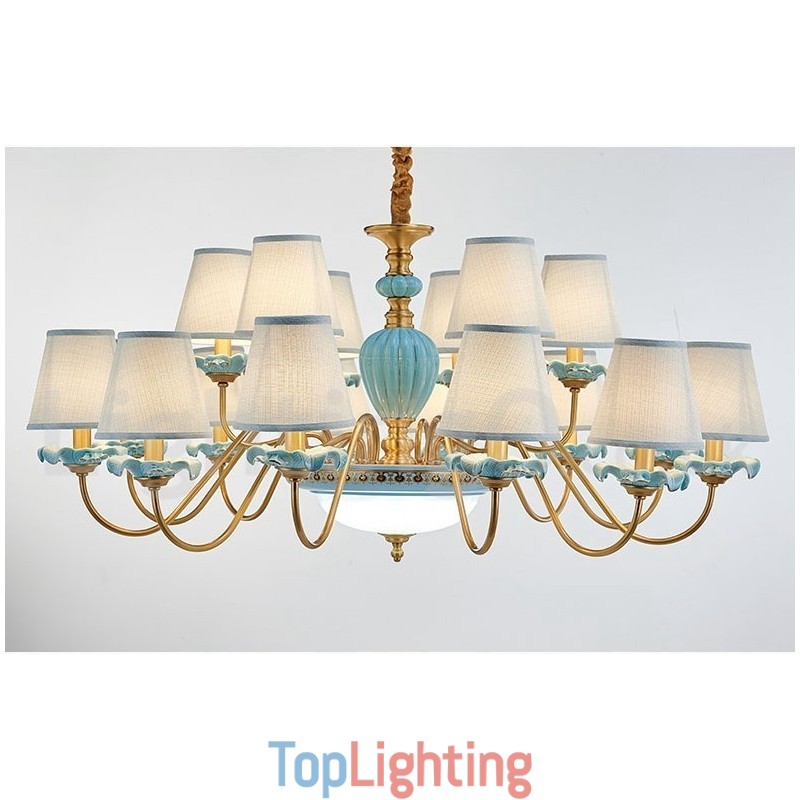Retro Vintage Brass Ceramics Pendant Candle Chandelier with Blue Fabric Shades