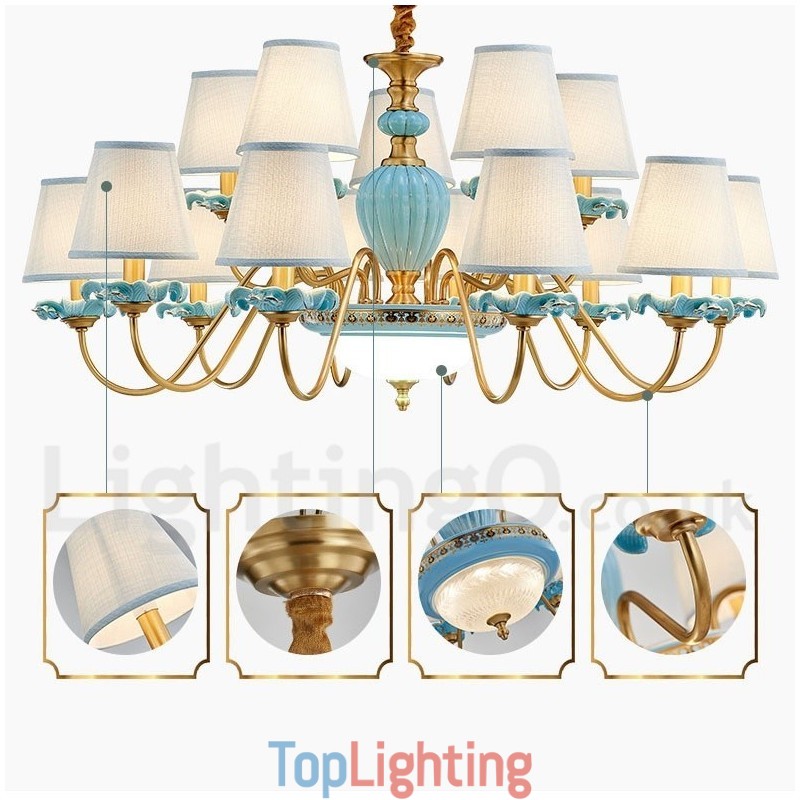 Retro Vintage Brass Ceramics Pendant Candle Chandelier with Blue Fabric Shades