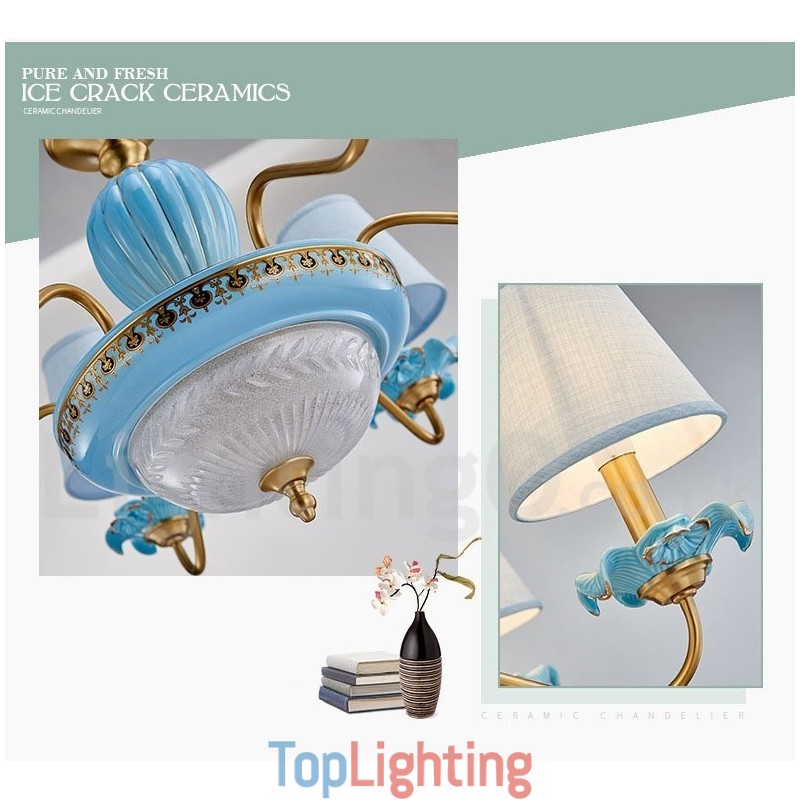 Retro Vintage Brass Ceramics Pendant Candle Chandelier with Blue Fabric Shades