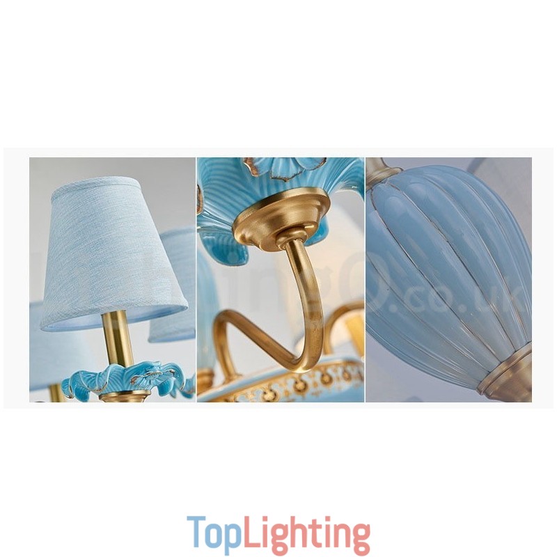 Retro Vintage Brass Ceramics Pendant Candle Chandelier with Blue Fabric Shades