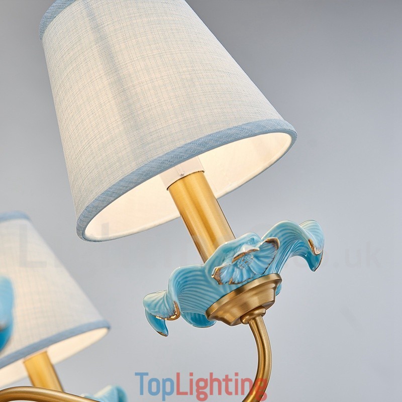 Retro Vintage Brass Ceramics Pendant Candle Chandelier with Blue Fabric Shades