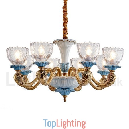 Retro Vintage Brass Ceramics Pendant Candle Chandelier with Glass Shades Retro Vintage Brass Ceramics Pendant Candle Chandelier with Glass Shades