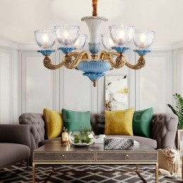 Retro Vintage Brass Ceramics Pendant Candle Chandelier with Glass Shades