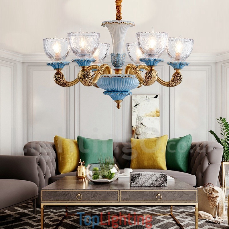 Retro Vintage Brass Ceramics Pendant Candle Chandelier with Glass Shades