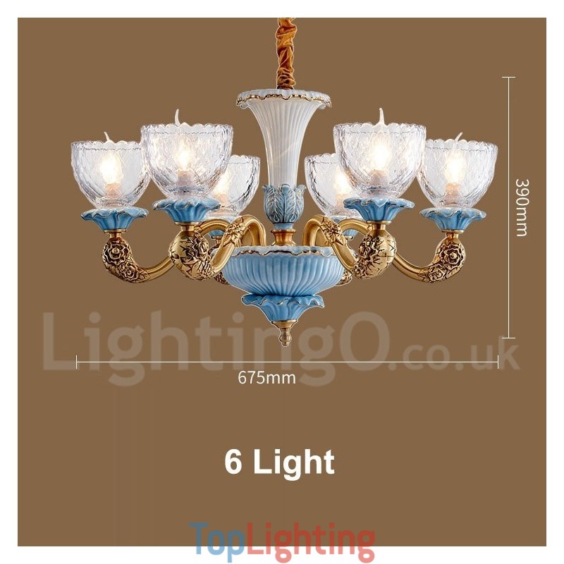 Retro Vintage Brass Ceramics Pendant Candle Chandelier with Glass Shades