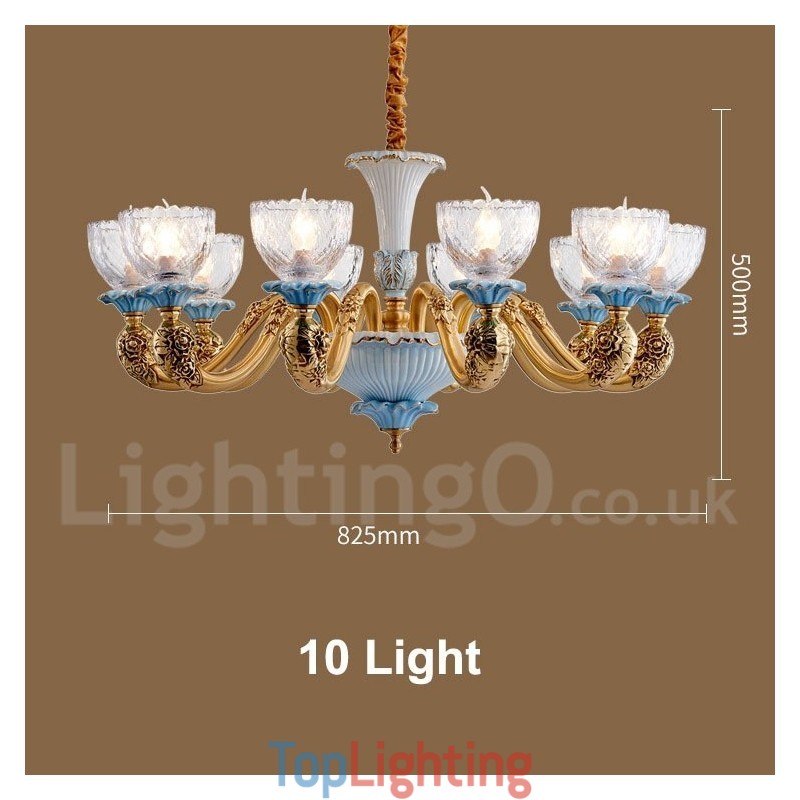 Retro Vintage Brass Ceramics Pendant Candle Chandelier with Glass Shades