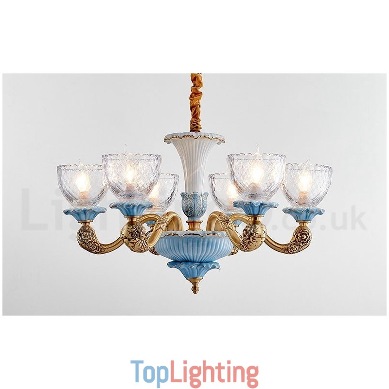Retro Vintage Brass Ceramics Pendant Candle Chandelier with Glass Shades