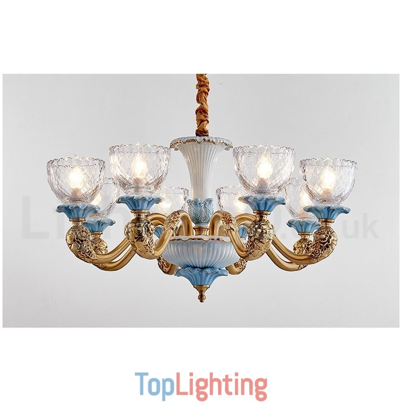 Retro Vintage Brass Ceramics Pendant Candle Chandelier with Glass Shades
