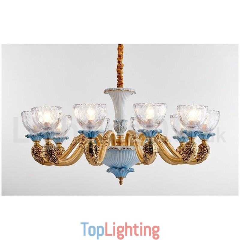Retro Vintage Brass Ceramics Pendant Candle Chandelier with Glass Shades