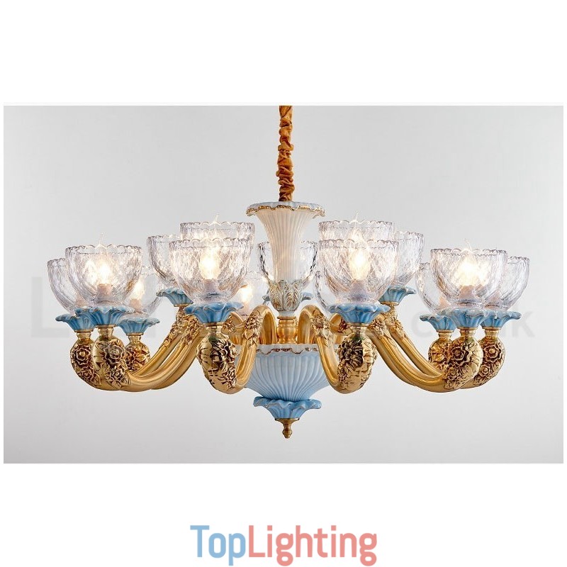 Retro Vintage Brass Ceramics Pendant Candle Chandelier with Glass Shades