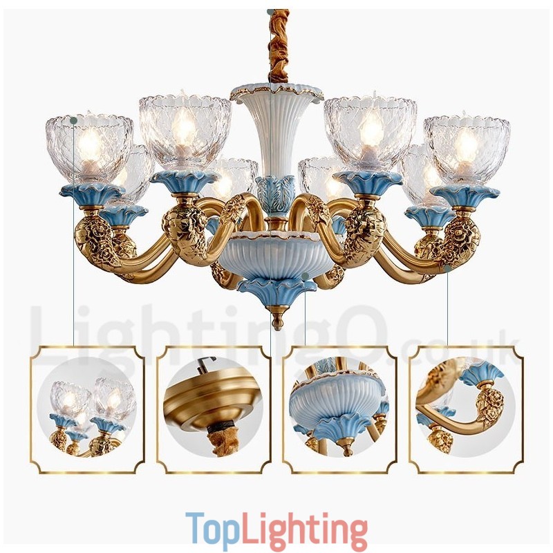 Retro Vintage Brass Ceramics Pendant Candle Chandelier with Glass Shades
