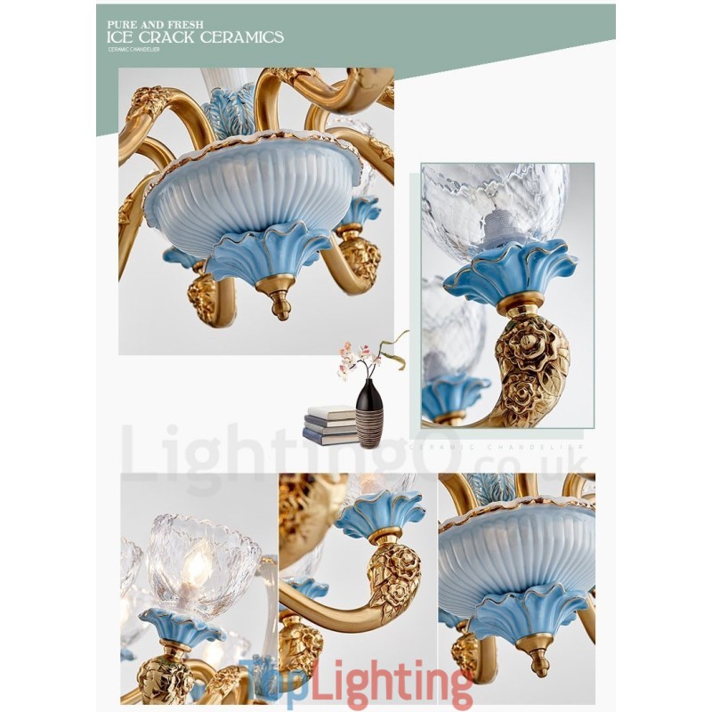 Retro Vintage Brass Ceramics Pendant Candle Chandelier with Glass Shades