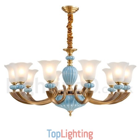 Retro Vintage Brass Ceramics Pendant Candle Chandelier with Glass Shades Retro Vintage Brass Ceramics Pendant Candle Chandelier with Glass Shades