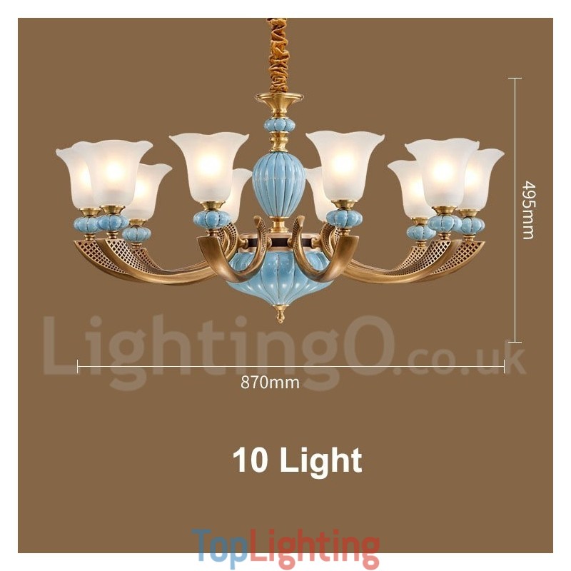 Retro Vintage Brass Ceramics Pendant Candle Chandelier with Glass Shades