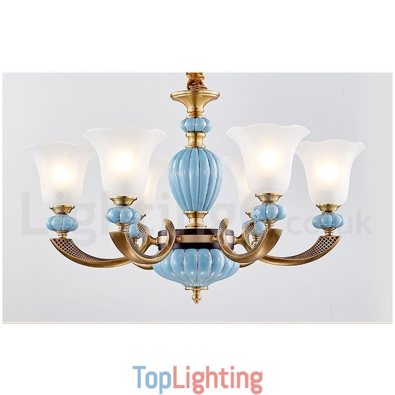 Retro Vintage Brass Ceramics Pendant Candle Chandelier with Glass Shades