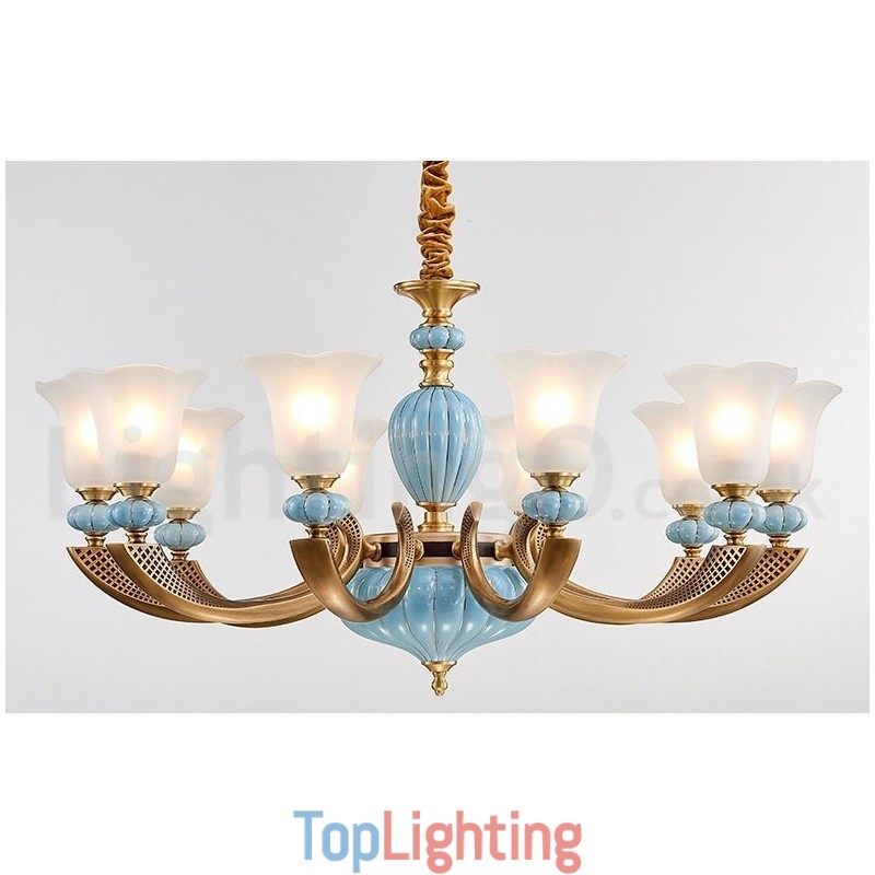 Retro Vintage Brass Ceramics Pendant Candle Chandelier with Glass Shades