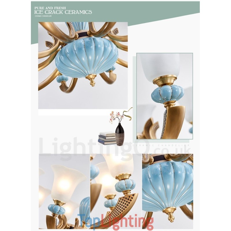 Retro Vintage Brass Ceramics Pendant Candle Chandelier with Glass Shades