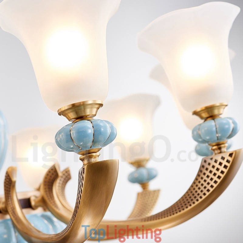 Retro Vintage Brass Ceramics Pendant Candle Chandelier with Glass Shades