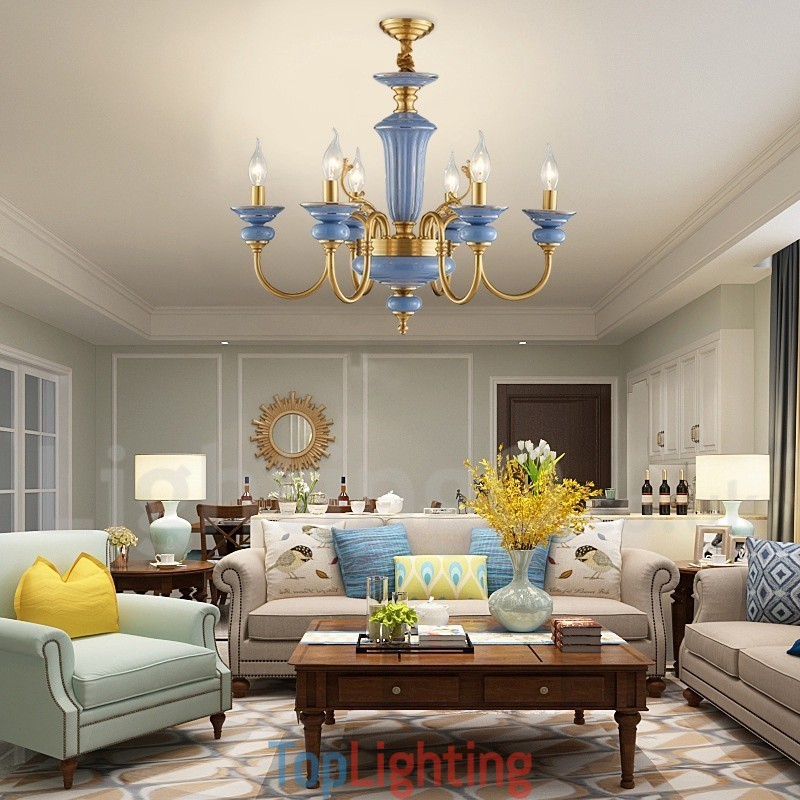 Retro Vintage Brass Ceramics Pendant Candle Chandelier
