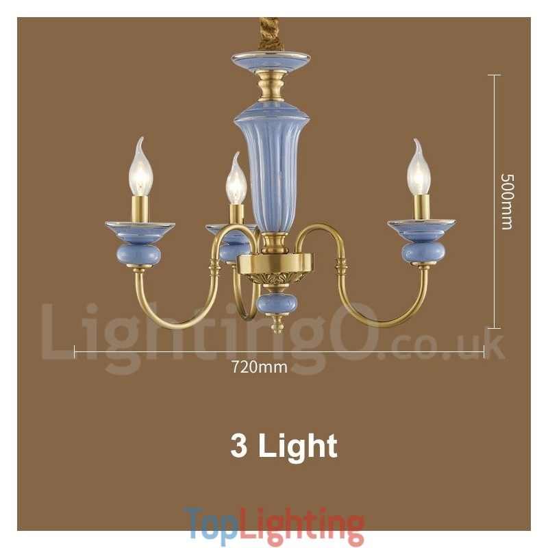 Retro Vintage Brass Ceramics Pendant Candle Chandelier