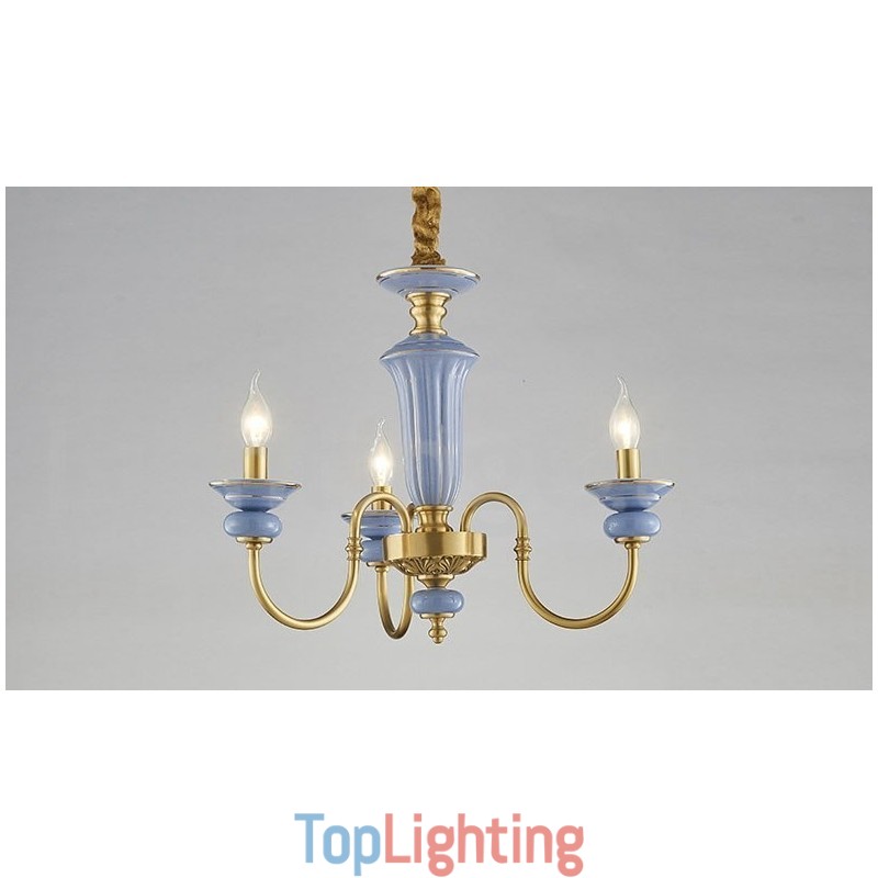 Retro Vintage Brass Ceramics Pendant Candle Chandelier