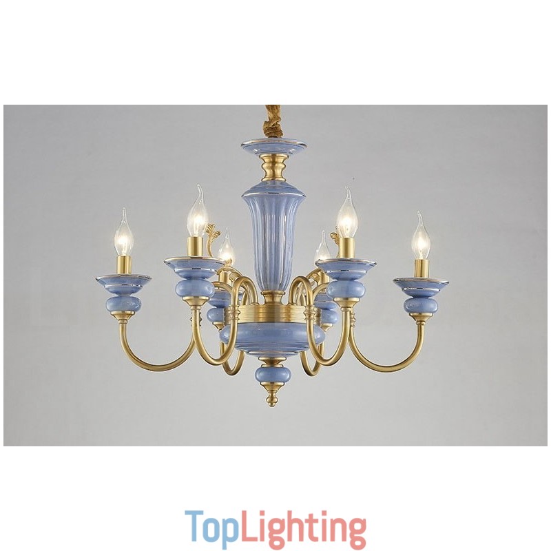 Retro Vintage Brass Ceramics Pendant Candle Chandelier