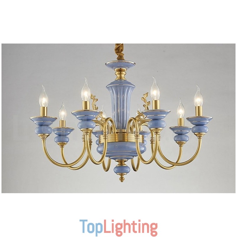 Retro Vintage Brass Ceramics Pendant Candle Chandelier