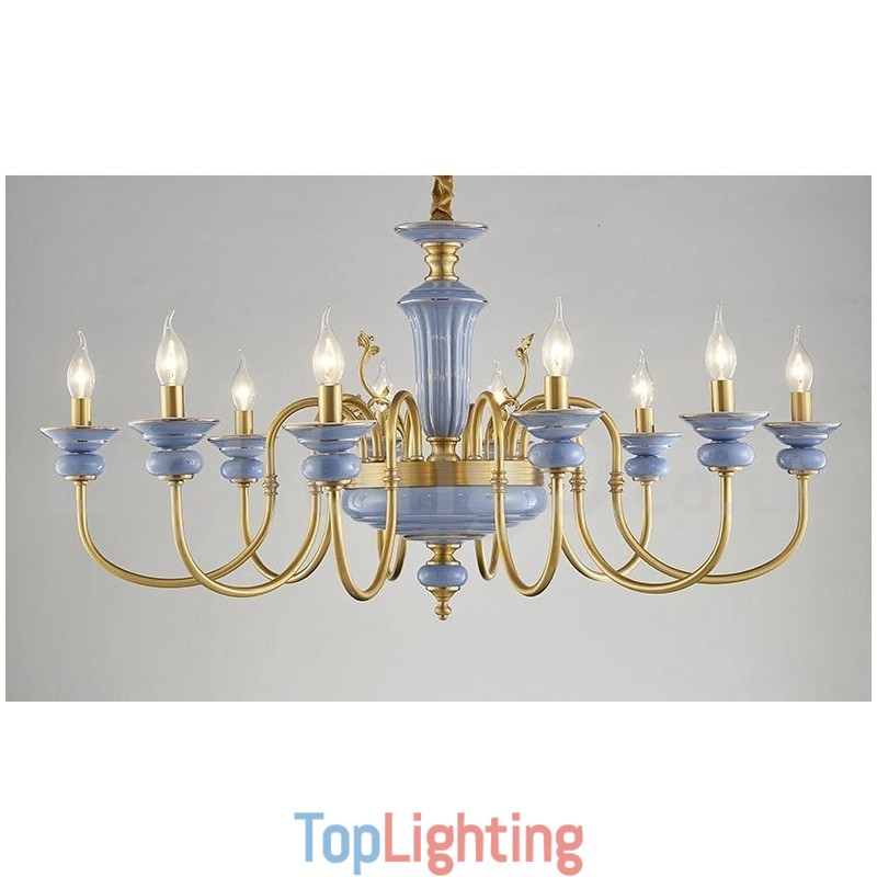 Retro Vintage Brass Ceramics Pendant Candle Chandelier