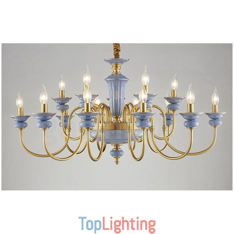 Retro Vintage Brass Ceramics Pendant Candle Chandelier