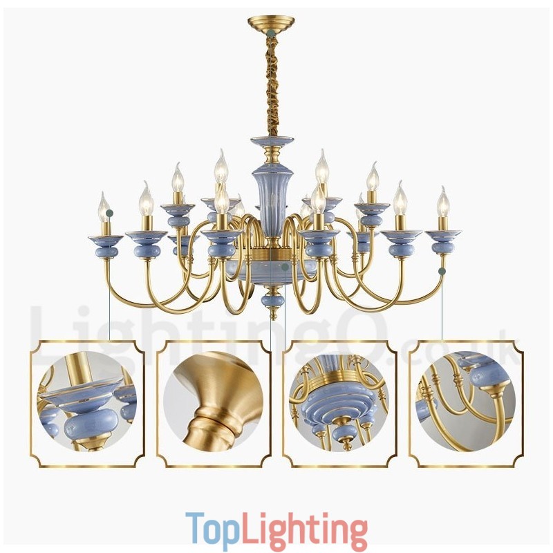 Retro Vintage Brass Ceramics Pendant Candle Chandelier