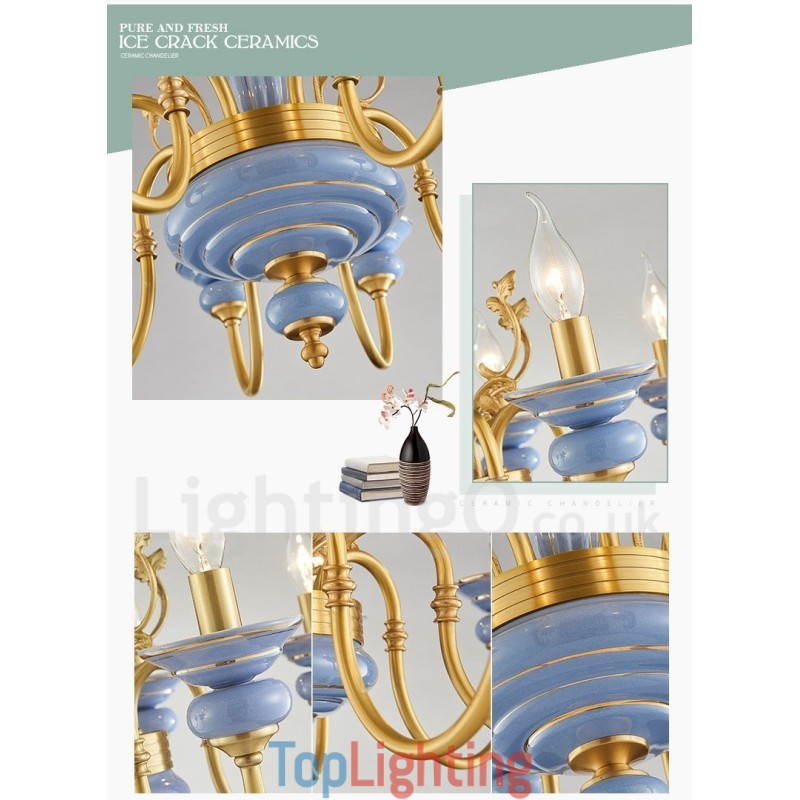 Retro Vintage Brass Ceramics Pendant Candle Chandelier